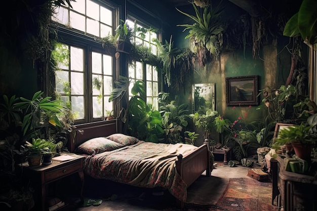 Schlafzimmereinrichtung mit fantastischen Pflanzen und Dschungel im Inneren Reiseträume Generative KI