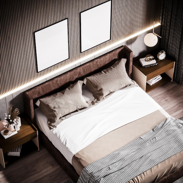 Foto schlafzimmerinnenraum mit fotorahmen 3d-rendering