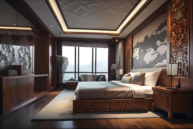 Foto schlafzimmerinterieur im chinesischen stil mit modernem bett in einem luxushaus