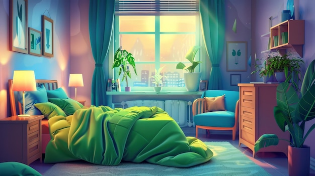 Schlafzimmerinterieur mit Bett und Sofa, bedeckt mit grünen Decken, eine Lampe auf dem Nachttisch, eine Kommode und ein Regal mit Büchern, ein großes Fenster mit Rollläden und Teppich auf dem Boden