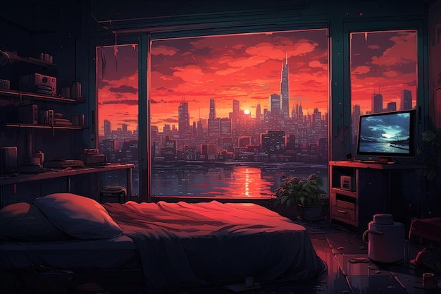 Schlafzimmerinterieur mit Blick auf die Stadt aus dem Fenster
