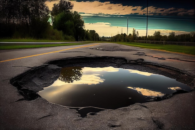 Schlagloch mit neuem Asphalt gefüllt, bereit für den Verkehr