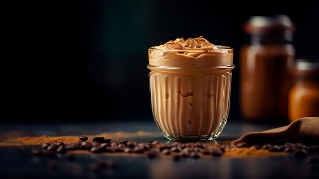 Schlagsahne-Instantkaffee oder Dalgona-Kaffee, der jüngste Wahnsinn in Essen und Trinken, ein Glas mit Kopienraum, hellem Hintergrund Generative KI