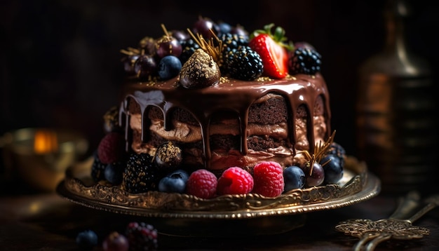 Schlagsahne und Beeren zieren von KI generierten Schokoladenkuchen