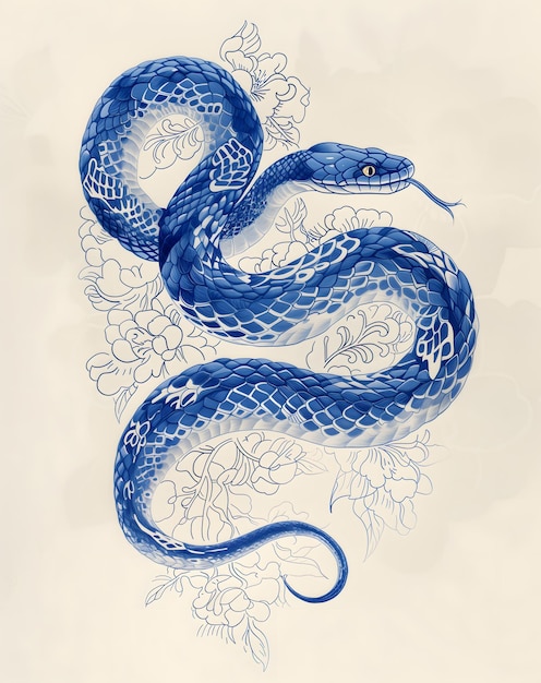 Schlange und Blumen handgezeichnete Illustration Blau-Weißes chinesisches Neujahr 2025 Sternzeichen Schlange