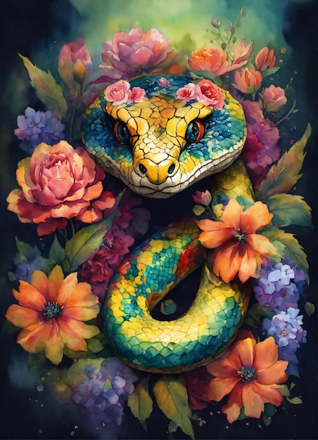 Schlangenkopf im Aquarell-Stil von David Paul Seymour mit Blumen und lebendigen Farben