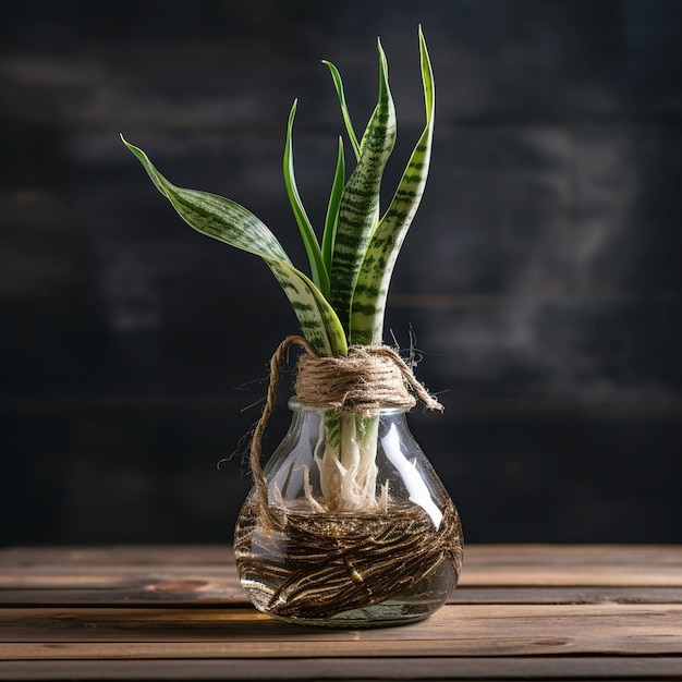 Schlangenpflanze in einem transparenten Pflanzgefäß Sansevieria lengua de suegra