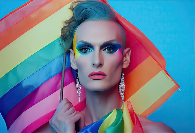 Schlanke, außergewöhnliche Drag Queen mit Make-up, die LGBT-Pride-Flagge gegen blauen Hintergrund hält und in die Kamera schaut.