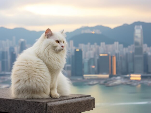 Schlanke Katze sitzt auf einem Dach gegen die Skyline der Stadt