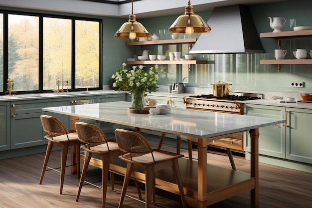 Schlanke luxuriöse Küche mit einem salvie-grünen Zählerkabinett, Induktion und natürlichem Licht