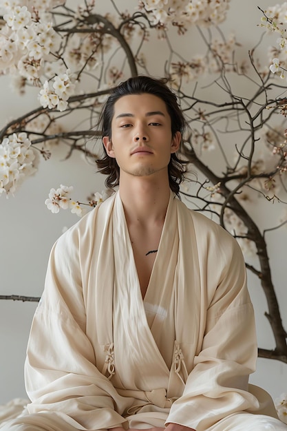 Schlankes männliches Modell mit Seidenkimonos, japanisch inspiriert von trendiger Vintage-Kleidung Foto-Sammlung