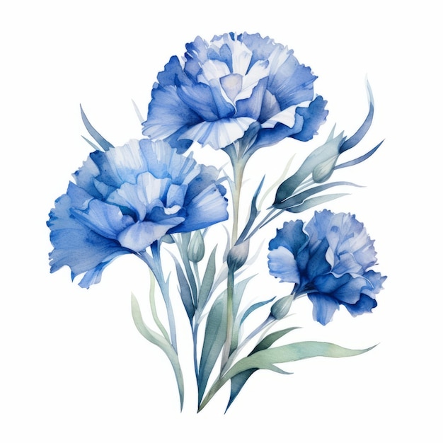 Schlankes Nelken-Arrangement in blauen Farbtönen, Aquarell-Clipart auf isoliertem weißem Hintergrund 8k