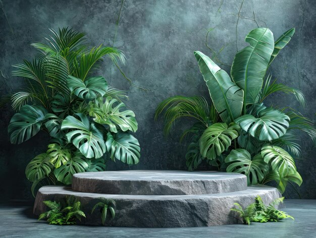 Schlankes Podium mit Natures-Sockel vor Dschungelhintergrund mit Monstera-3D-Rendering für die Präsentation von Bio-Produkten