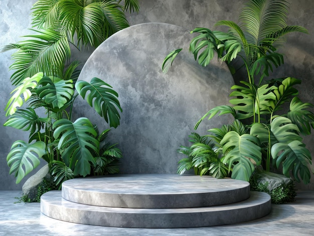 Schlankes Podium mit Natures-Sockel vor Dschungelhintergrund mit Monstera-3D-Rendering für die Präsentation von Bio-Produkten