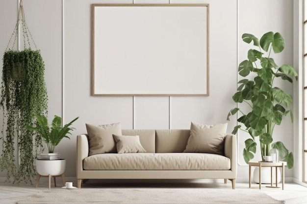 Schlankes und stilvolles Wohnzimmer mit weißem Sofa, grünen Topfpflanzen und modernem Rahmenmodell an der Wand. Perfekt für Modelldesigns AI Generative