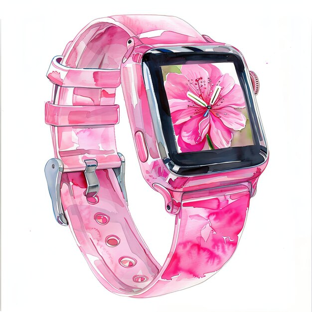 schlaue Uhr Aquarell rosa Mädchen auf Reisen