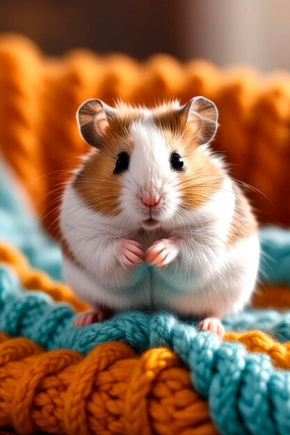 Foto schlauer hamster ruht auf dem sofa unter einer gestrickten decke