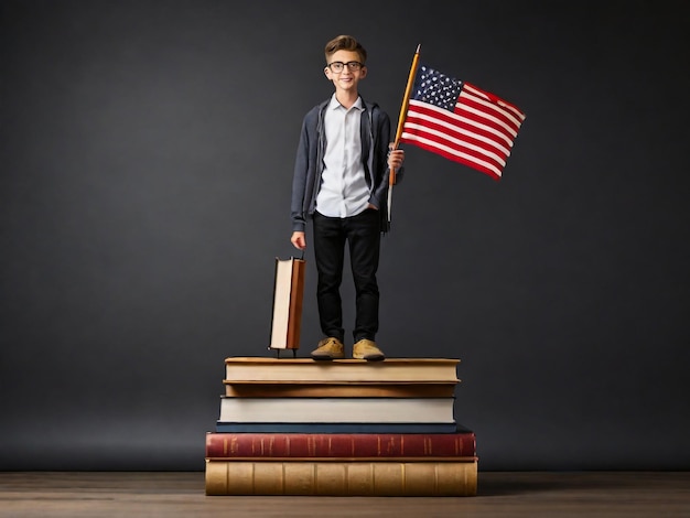 Schlauer Mann Schüler steht auf Büchern Stapel mit Flagge Selbstlernen persönliche Verbesserung Wissen Erlangung von Bildungsleistungen