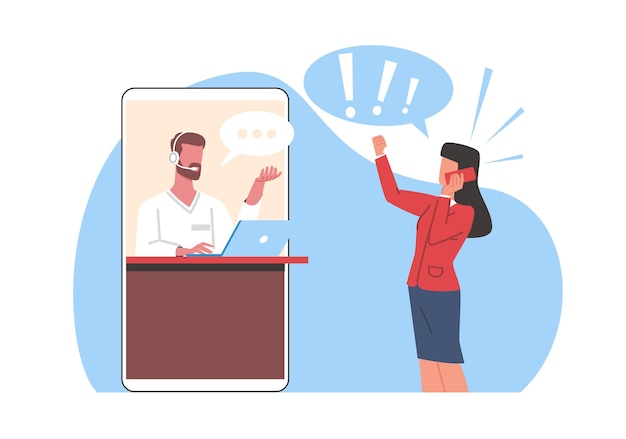 Schlechte Bewertung Frau macht schlechte Kundenbetreuung Bewertung Wütendes Mädchen schreit im Smartphone Negatives Feedback Unzufriedenheit mit dem Produkt Cartoon flache Illustration Vektor Beschwerde Konzept