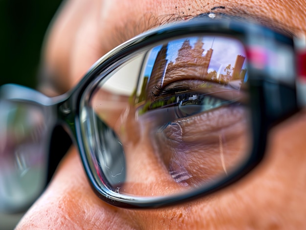 schlechtes Augenlicht Ein Mann hält eine Brille in der Hand und schaut durch die Brille