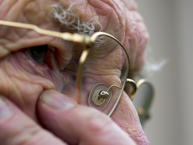 schlechtes Augenlicht Ein Mann hält eine Brille in der Hand und schaut durch die Brille