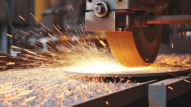 Schleifen von Stahl, Metall, Eisen und Funken mit Glättungsgeräten in einer Schwerindustriefabrik mit generativer KI