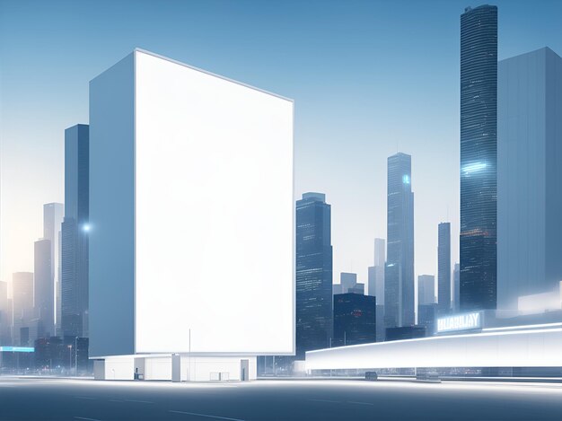 Schlichte weiße Plakatwand mit futuristischem Stadtbild-Hintergrund