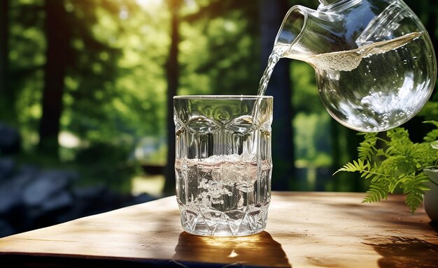 Schließen Sie das ausgegossenes frisches Trinkwasser aus der Flasche auf dem Holztisch im Freien