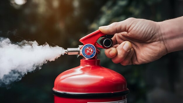 Schließen Sie den Feuerlöscher und den Ziehknopf am roten Tank