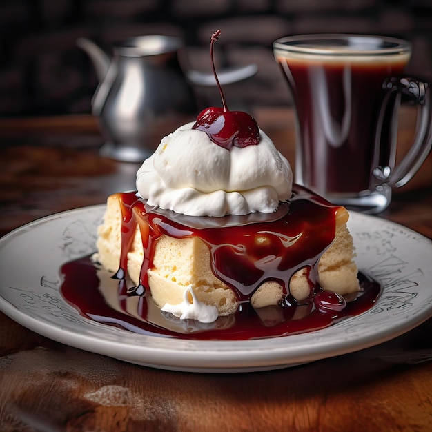 Foto schließen sie den köstlichen milchkuchen mit sahne und vanille-glasur frucht himbeeren und kirschen topping generative ki-illustration