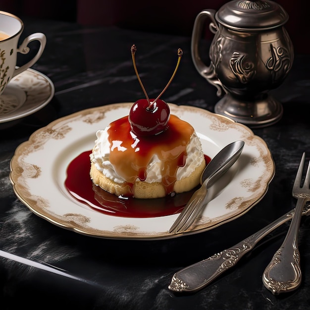 Schließen Sie den köstlichen Milchkuchen mit Sahne und Vanille-Glasur Frucht Himbeeren und Kirschen Topping Generative KI-Illustration