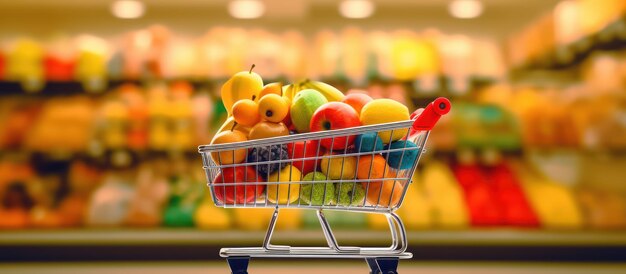 Schließen Sie den vollen Einkaufswagen im Lebensmittelgeschäft, im Obstgeschäft und im Innenraum.