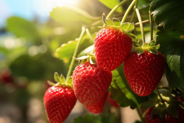 Schließen Sie frische Erdbeeren in der Farm am Morgenlicht
