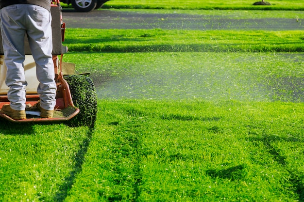 Schließen Sie herauf des Mannes, der einen Rasenmäher einen Gärtner verwendet, der Gras durch Rasenmäher schneidet