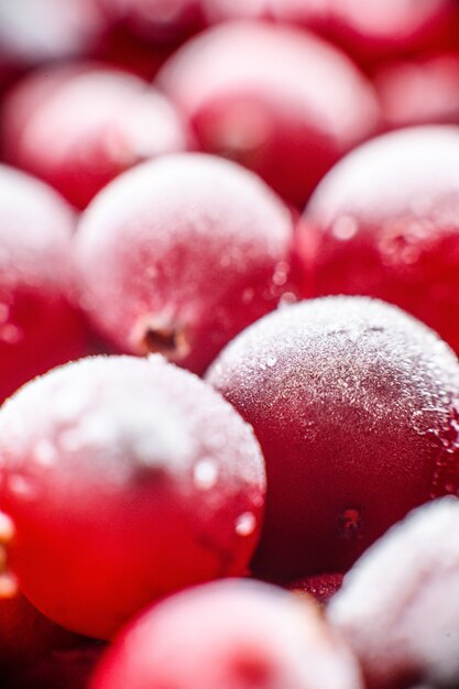 Schließen Sie herauf gefrorene Moosbeeren in einer hölzernen Schüssel. Tiefenschärfe. Ansicht von oben