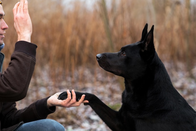 Foto schließen sie herauf porträt eines jungen stilvollen kaukasischen mannes, der mit großem schwarzen hund im freien trainiert