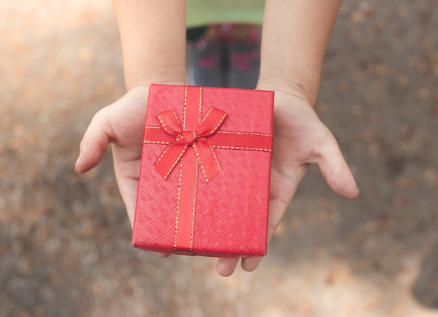 Schließen Sie herauf Schuss von den weiblichen Händen, die ein kleines eingewickeltes Geschenk halten