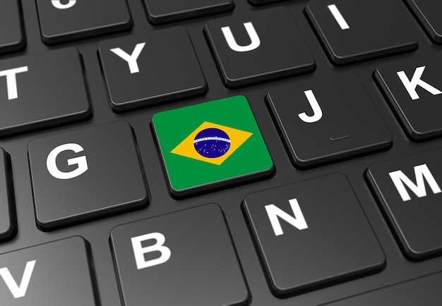 Foto schließen sie oben vom knopf mit brasilien-flagge auf schwarzer tastatur