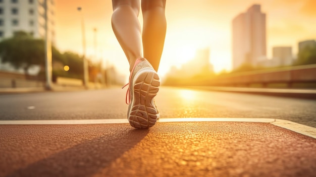 Schließt sich der Laufschuh auf dem Laufplatz Morgen Sonnenaufgang Hintergrund Neues Jahr neuer Start Konzept