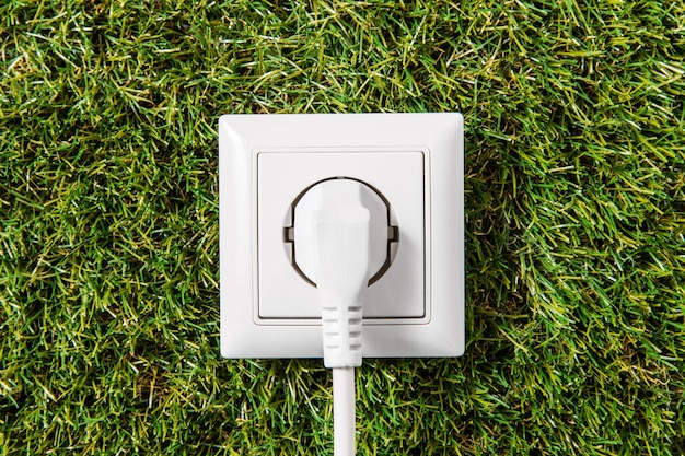 Schließung der Steckdose und Stecker auf grünem Gras