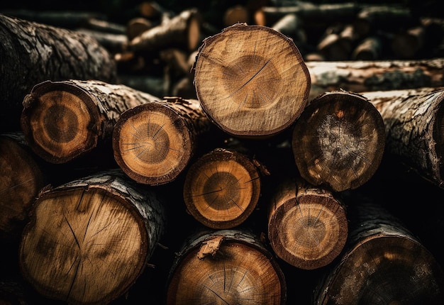 Foto schließung von baumstämmen und holz im wald zur abholzung und zur herstellung von holz für die holzindustrie