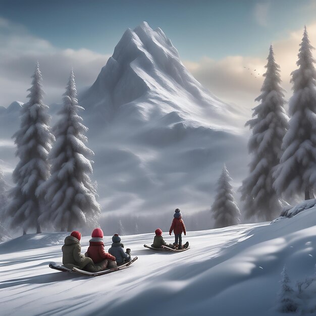 Schlittenfahren im Schnee Schnee bedeckte Bäume schneebedeckte Berge Holzschlitten