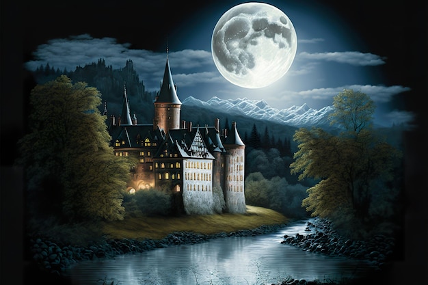 Schloss am Fluss unter dem Mond