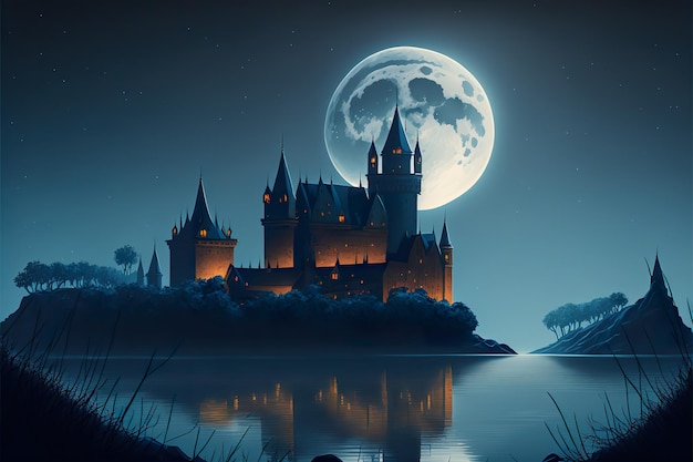 Schloss am Fluss unter dem Mond