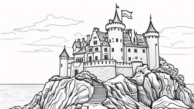 Schloss an der Rocky Mountain Line Kunst Handgezeichnetes Kawaii Malbuch Illustration