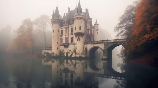 Schloss an einem nebligen Tag mit einer Brücke im Hintergrund