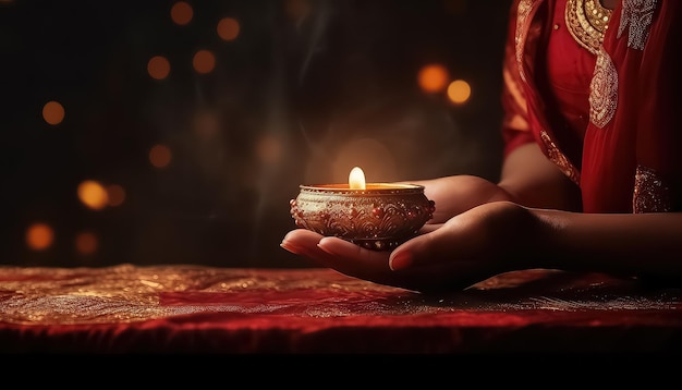 Schloss die Hände Schönes indisches Mädchen in der Nähe einer Kerze während Diwali in Indien