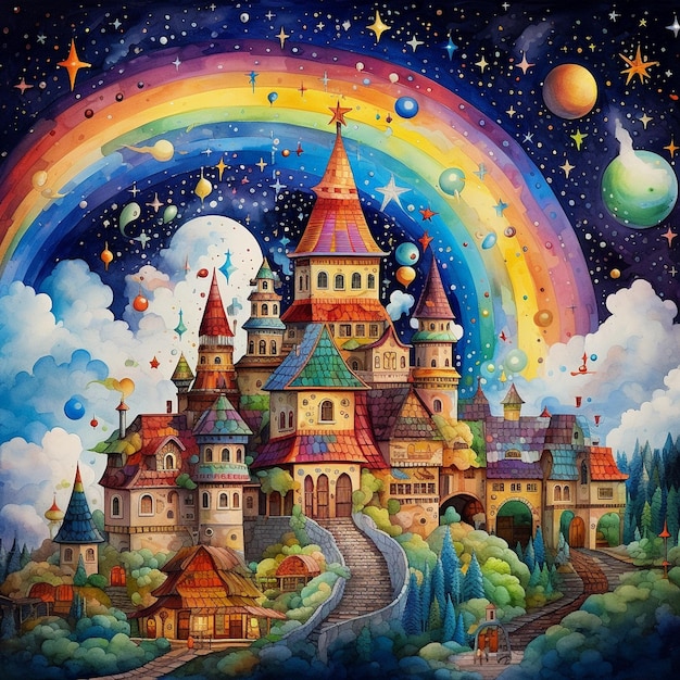 Schloss für Kindergeschichte Bild Regenbogen eine Welt der träumenden Kindheit hoffnungsvoll und freudig