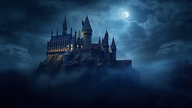 Schloss Hogwarts unter dramatischem Sonnenuntergangshimmel Die Zauberwelt von H