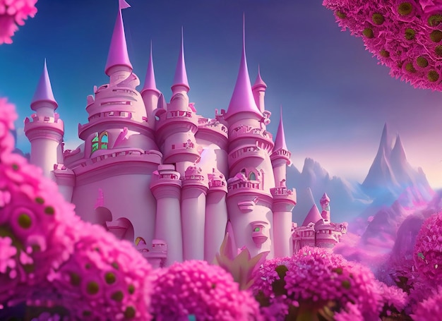 Schloss im Land der Süßigkeiten, eine leuchtend gesättigte Landschaft mit rosa Blumen